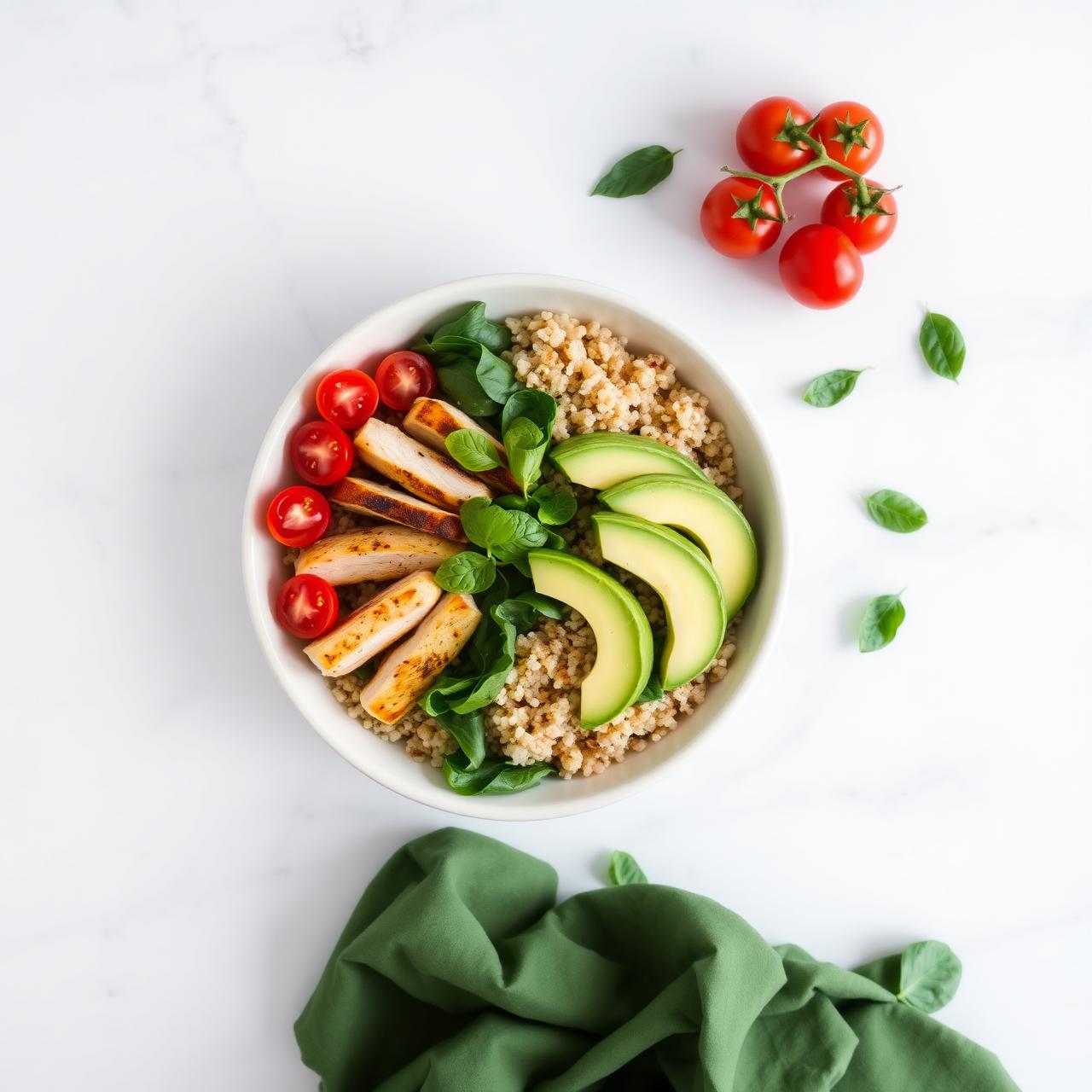 Prato saudável de quinoa, frango e abacate